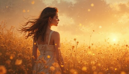 Woman stands in field of wildflowers during golden hour. Warm sunlight illuminates her face and flowing hair. Peaceful serene atmosphere, nature beauty, dreamy mood.