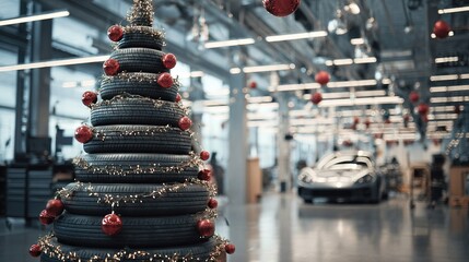 Christmas tree made of car tires and wheels on a dark background. mock up with space for text. A festive New Year's banner card for a company specializing in tuning, repair, and auto parts sales
