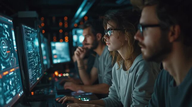 Three people working at computers in a dark room with multiple monitors