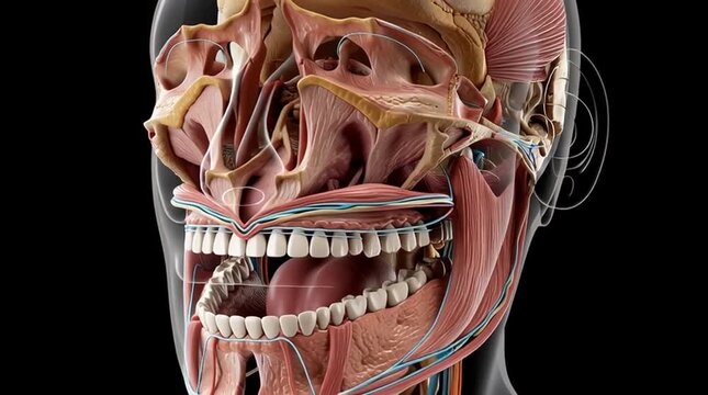 Anatomical illustration of a human head section with visible muscles