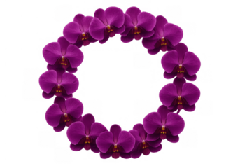 Purple orchid flowers creating a circular wreath frame, botanical decor and natural beauty border transparent background