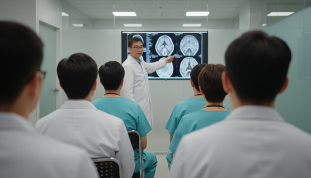 A medical instructor presents diagnostic images to attentive students during an in-class training session
