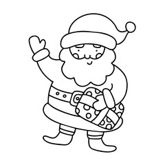 Cute hand drawn Christmas doodle of Santa Claus holding a gift and waving, black outline illustration perfect for decorative festive coloring pages, party prints and celebrate holiday designs.