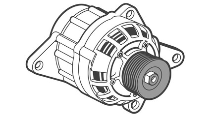 Detailed Line Art Illustration of a Car Alternator with Pulley