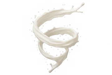 Milk splash liquid pouring forming spiral shape with droplets and swirling motion on transparent background