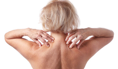 Senior woman touching her neck on white background, back view
