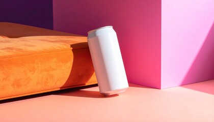 Can mockup leaning against a modern orange cushioned seat. Mock up design
