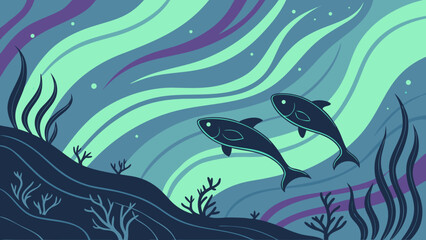 Naklejka premium Stylized Underwater Scene Featuring Two Swimming Fish and Aquatic Plants