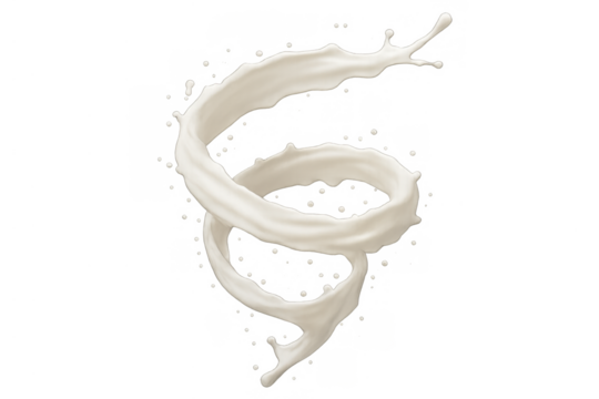 Milk splash liquid pouring forming spiral shape with droplets and swirling motion on transparent background