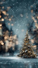"Blurred Christmas Winter Background with Snowy Tree and Garland Lights – Wide Festive Backdrop"