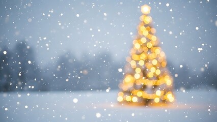 "Blurred Christmas Winter Background with Snowy Tree and Garland Lights – Wide Festive Backdrop"