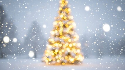 "Blurred Christmas Winter Background with Snowy Tree and Garland Lights – Wide Festive Backdrop"