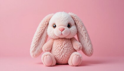 Charming Pink Bunny Plush Sitting Against a Soft Pink Background With Adorable Features and Fluffy Texture