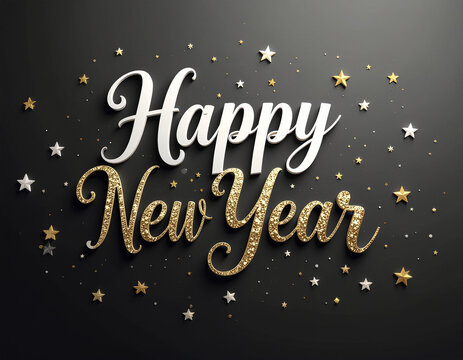 Sparkling 3D Happy New Year text in white and gold, adorned with metallic stars on a dark background.