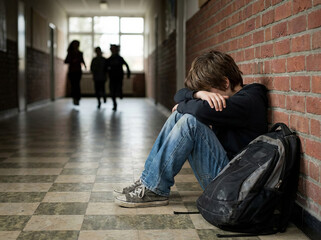 Mental health and social isolation showing a sad, lonely boy being bullied and excluded in a school hallway.
