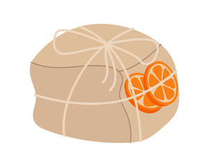 Rustic kraft gift box with ribbon flat style. Eco present wrapped as christmas craft package. Brown box and graphic decor, rustic holiday product, modern event use.