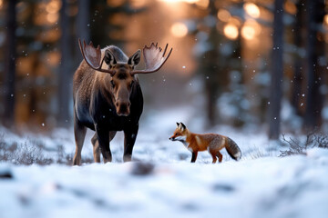 Naklejka premium An enchanting scene of a moose and a fox against a shimmering snowy background, reflecting the stunning beauty of winter wildlife and their graceful coexistence in nature.