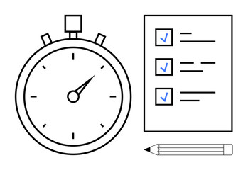 Stopwatch beside a checklist with checkmarks and a pencil. Ideal for productivity, time management, goal setting, organization, efficiency, task prioritization, planning. Simple flat metaphor