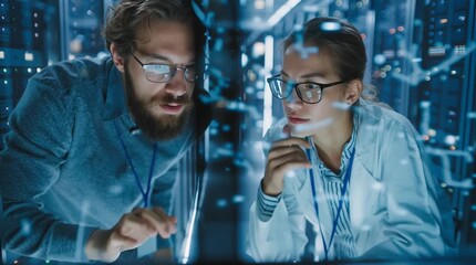 Two engineers with glasses looking at servers in a data center closely