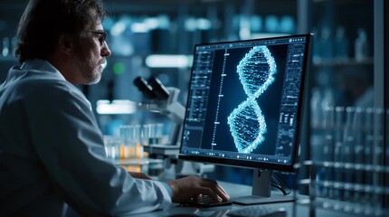 Scientist analyzing dna structure on computer screen in laboratory setting - Powered by Adobe