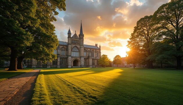 Historic gothic building on college campus lawn at sunset. A stone pathway leads through green grass towards old architecture. Evening sun casts long shadows across the yard.
