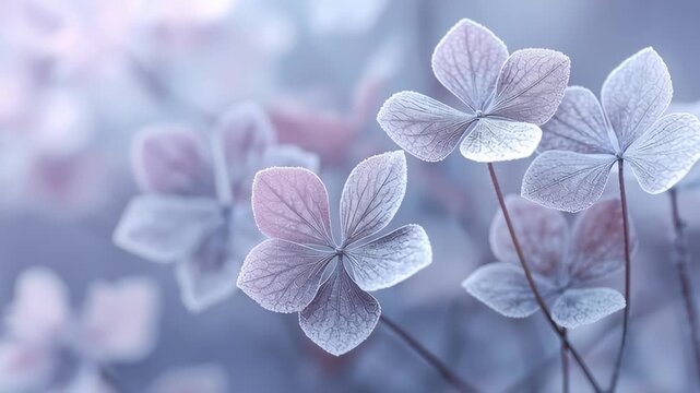 Delicate frost-covered petals in soft pastel light create a dreamy winter floral scene with gentle colors and intricate natural detail.