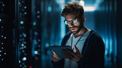 Man with glasses using tablet in server room with blue light ambience glow