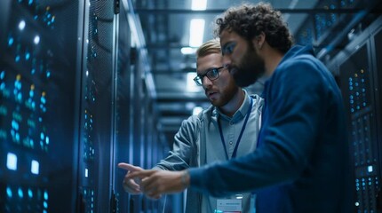 Two men inspecting server racks in a data center with blue lighting
