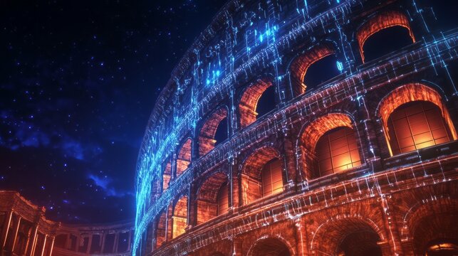 The ancient Colosseum glows beneath a surreal neon sky, blending the spirit of history with futuristic imagination, transforming one of the worlds oldest wonders into a modern symbol and technology