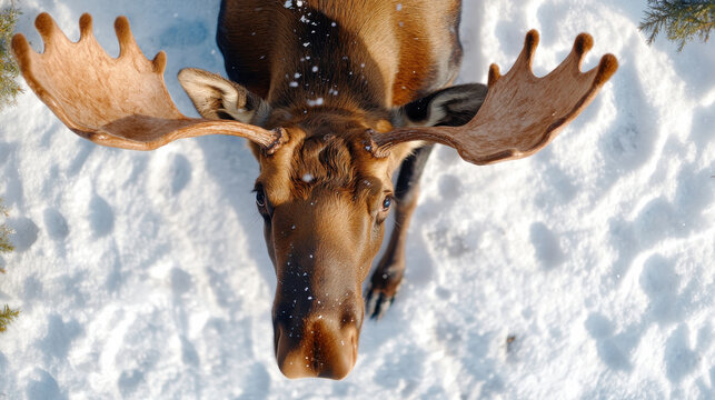 A close-up view of a moose in the snow, capturing its intense gaze and majestic antlers, illustrating the captivating details of wildlife amid a winter landscape. - Powered by Adobe
