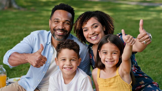 A multiethnic family of four is sitting together in a park, smiling, waving, and giving a thumbs up. Concept of family, happiness, togetherness, and positivity.