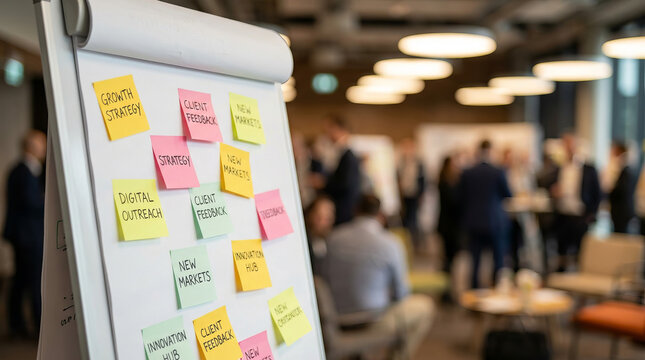 Business strategy and corporate planning with sticky notes for growth, innovation, and client feedback on a flip chart. - Powered by Adobe