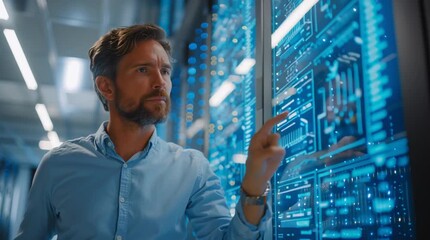 Man in server room touching digital interface with blue glowing elements - Powered by Adobe