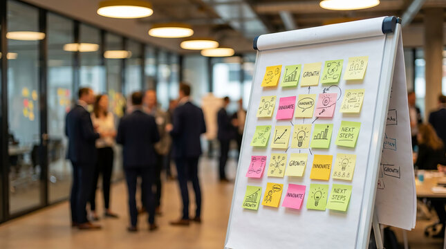Innovation and business growth strategy on a flip chart with sticky notes during a corporate workshop or seminar.
