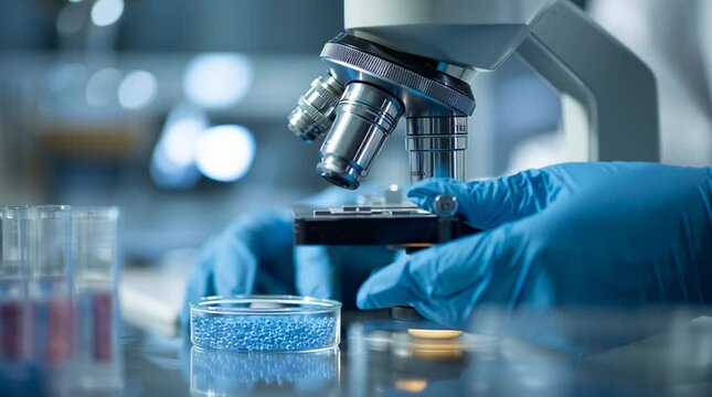 A close up of a microscope with gloved hands adjusting the sample slide