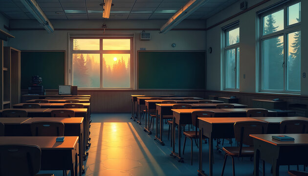 Empty classroom with desks and chairs bathed in warm sunset light from window. Forest trees outside create serene atmosphere. Boards on walls are blank. Room is quiet and clean.
