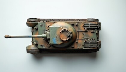 Military tank model on plain background. Miniature model of tank with turret, barrel top view. Realistic model with brown green camouflage paint finish. Model die cast of military vehicle on display.