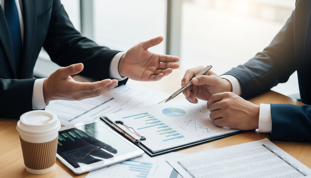 Strategic business planning and data analysis. Two colleagues reviewing financial performance on charts and graphs.