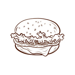 A burger with a sesame seed bun, lettuce, onion, and cheese slices. Vector illustration in a line art style. Clean brown lines, isolated on a white background. Suitable for menus, packaging, fast food