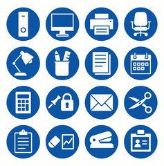 Office Supplies Icons Set in Round Blue Design for Business Use