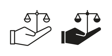 Justice scales in Hand icons design, logo. Symbol illustration set