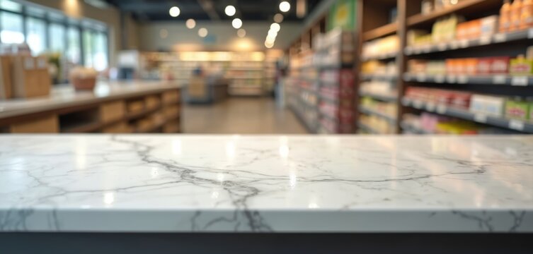 Empty white marble countertop in modern grocery store. Blurred background with shelves full of products. Perfect for food displays, retail marketing, or product placement.