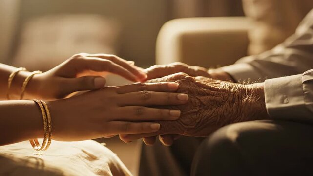 A tender moment of generational connection captured in gentle touch. embracing care and love across ages. - Powered by Adobe