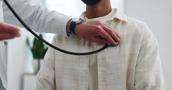 Doctor, hands and man with stethoscope for breathing assessment, cardiology or respiratory exam. People, medical professional or patient in consultation with tool, lung evaluation or check heartbeat.