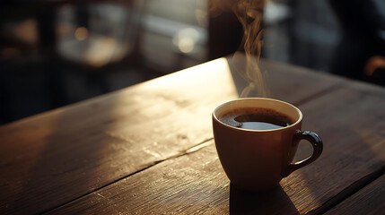 A steaming cup of dark coffee sits on a rustic wooden table with blurred background in soft light