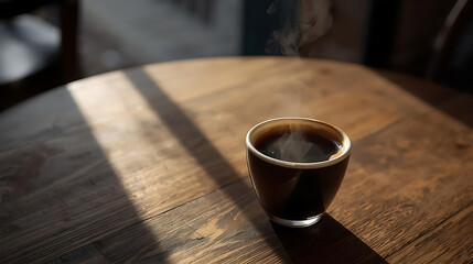 A steaming cup of black coffee on a wooden table illuminated by a ray of sunlight in the morning