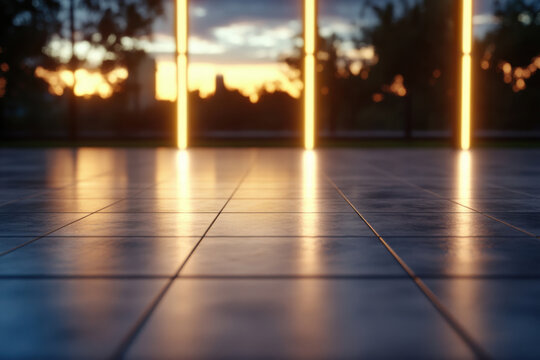 An aesthetic close-up of a sleek floor with reflective tiles during sunset, bathed in soft light, showcasing the beauty of modern architecture and tranquility.