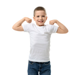 Portrait of cute little boy on white background