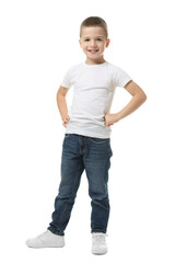 Portrait of cute little boy on white background