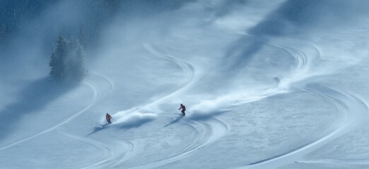 Freeride skiing. Two skiers descending a snowy mountain, kicking up powder snow and leaving tracks